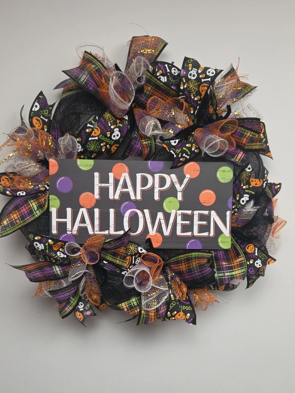 Happy Halloween Pumpkin Skeleton Plaid Black Deco Mesh Holiday Wreath Door Decor